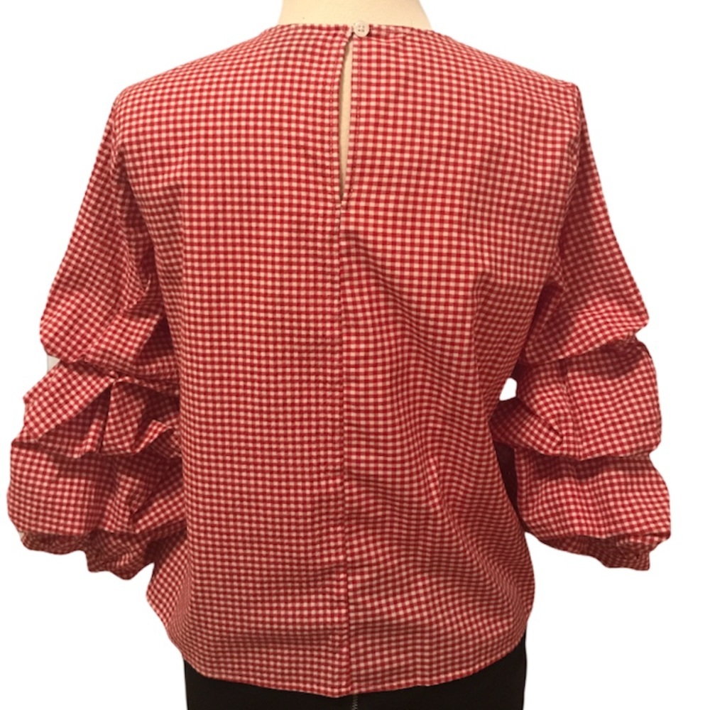 Red Check Ruffle Sleeve Top - Picture 2 of 6
